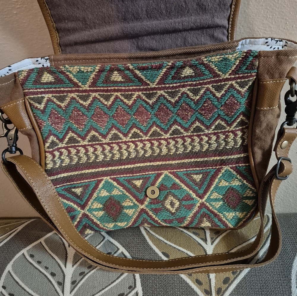 Myra Bag Western Leather Shoulder Canvas Crossbody Electric Ice Turquoise Brown - Picture 12 of 16